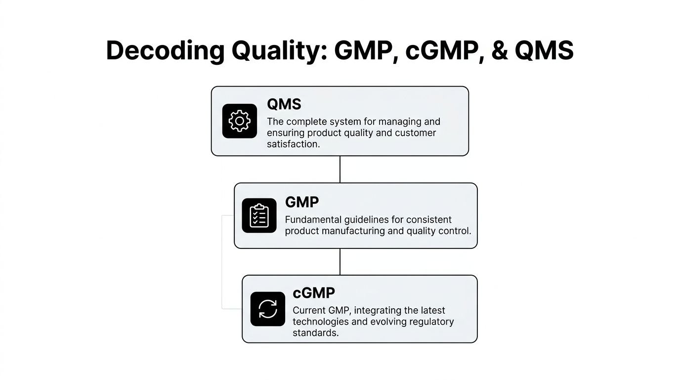 A diagram explaining the definitions and hierarchy of QMS, GMP, and cGMP in a manufacturing context.