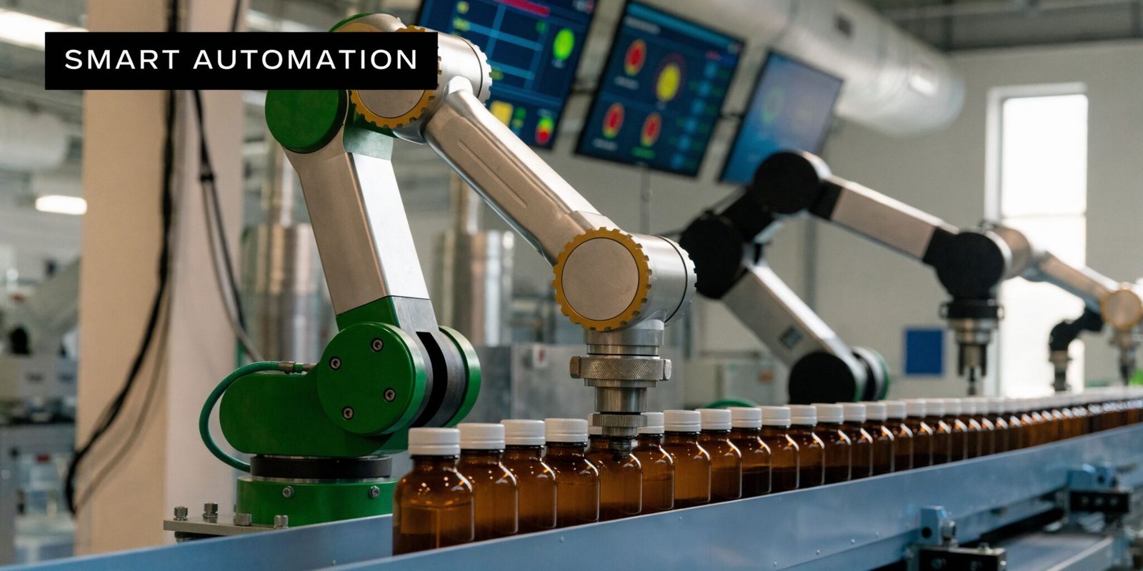 Automated robotic arms working on a production line filling brown glass bottles in a factory setting.