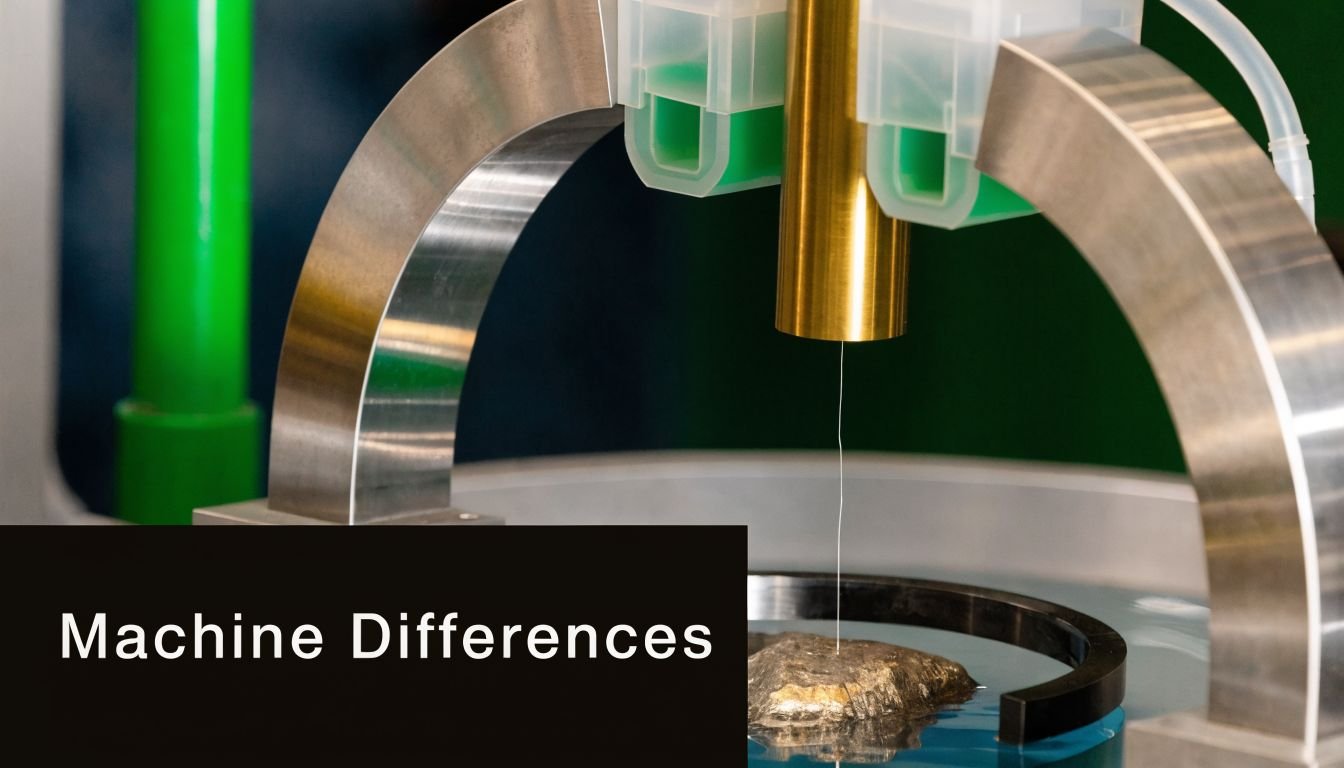 A close-up of a wire cut EDM machine performing a precision cut on a metal workpiece.