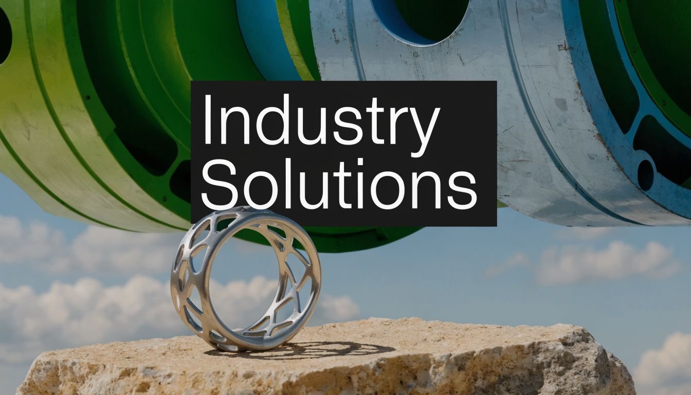 A metallic lattice ring placed on a stone surface against industrial machinery and a blue sky.