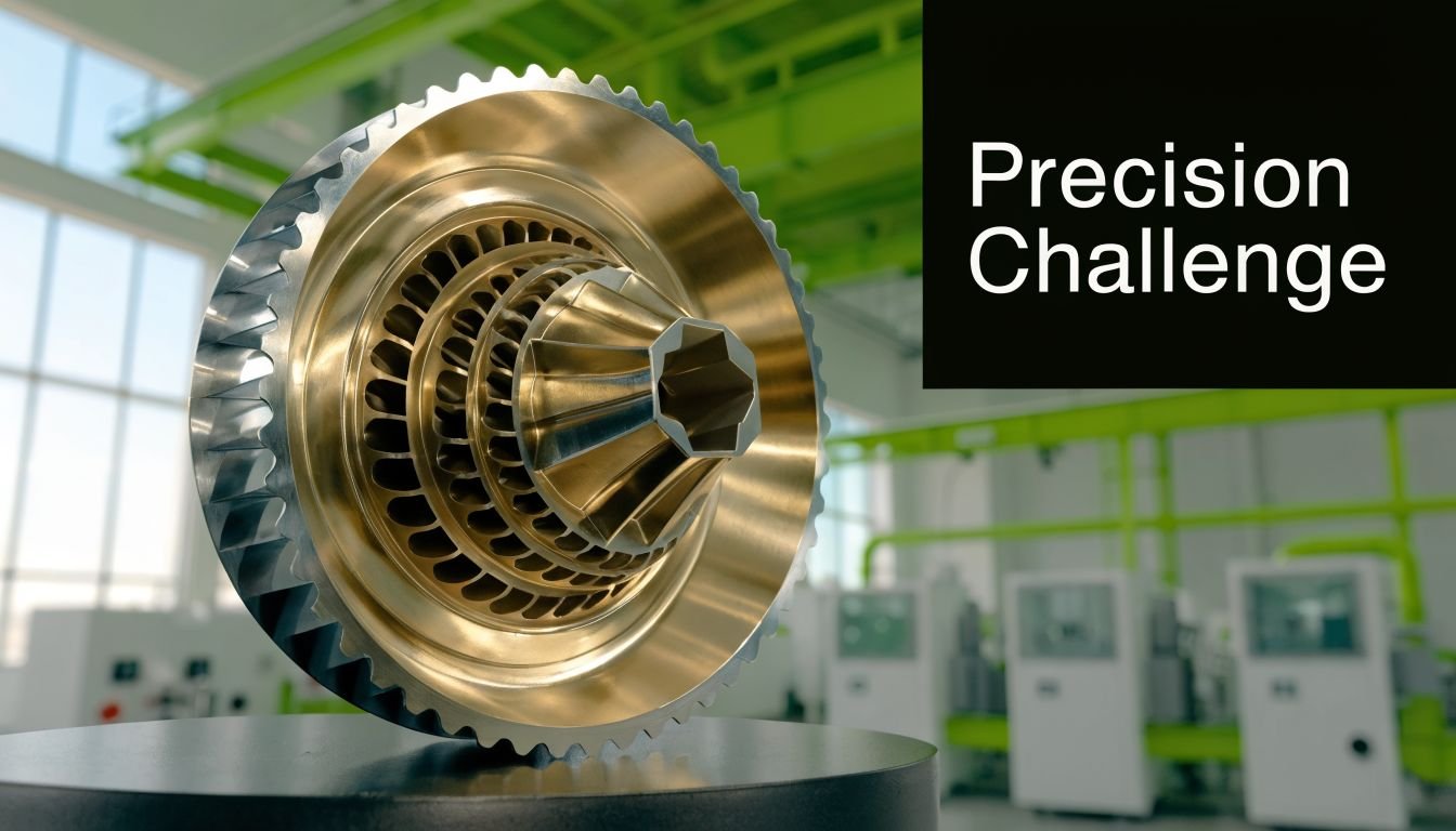 A close-up view of a precision-machined brass mechanical component resting on a display stand in a factory.