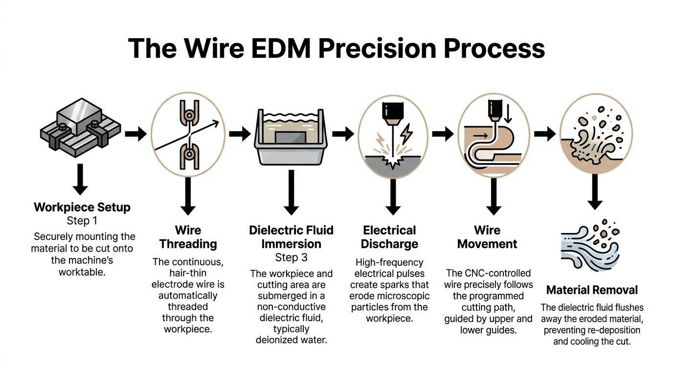 An infographic illustrating the six steps of the wire EDM precision machining process from setup to completion.