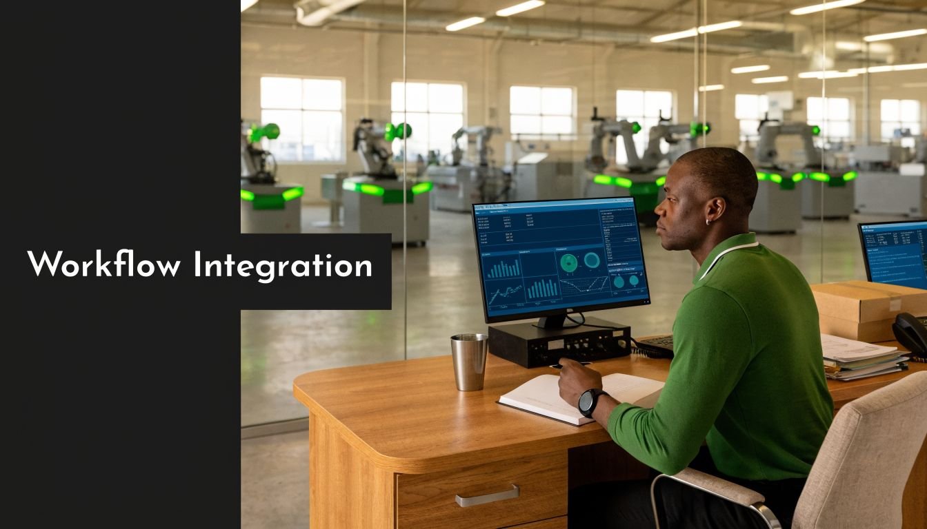 A professional working at a desk with computer monitors in a modern manufacturing facility with robotic machinery.