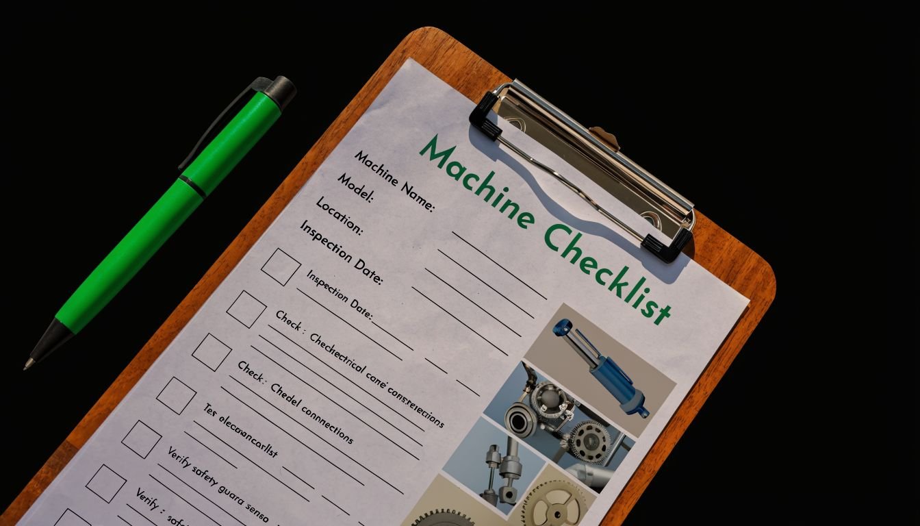 A clipboard with a machine checklist and a green pen placed on a black surface.
