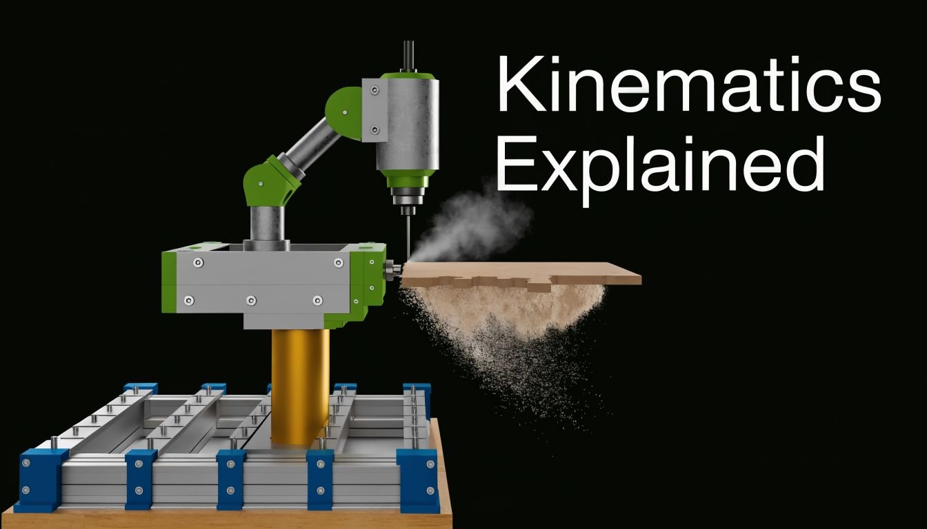 A 3D render of a 5-axis CNC milling machine cutting wood with dust particles in the air.