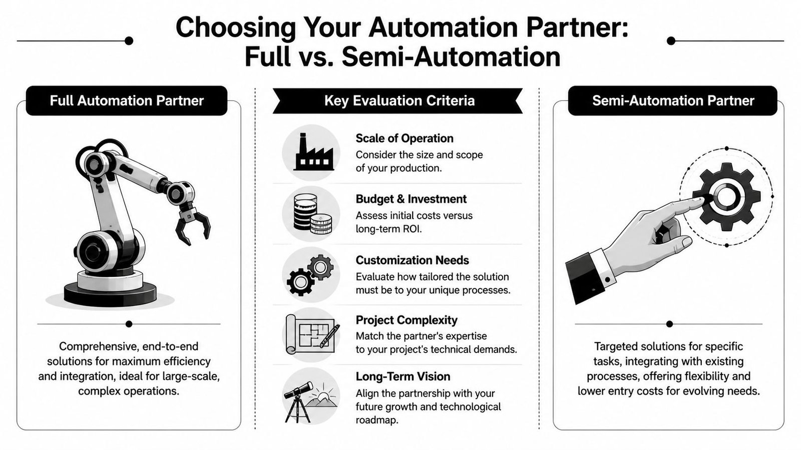 A comparison infographic between full and semi-automation partners with key evaluation criteria for business decision making.
