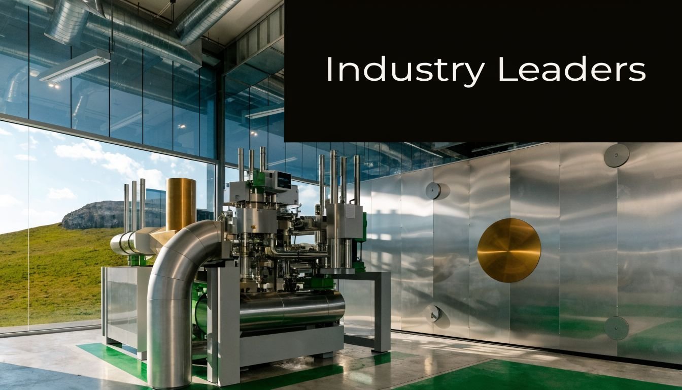 A modern industrial interior featuring complex mechanical equipment housed in a glass building with green hills.
