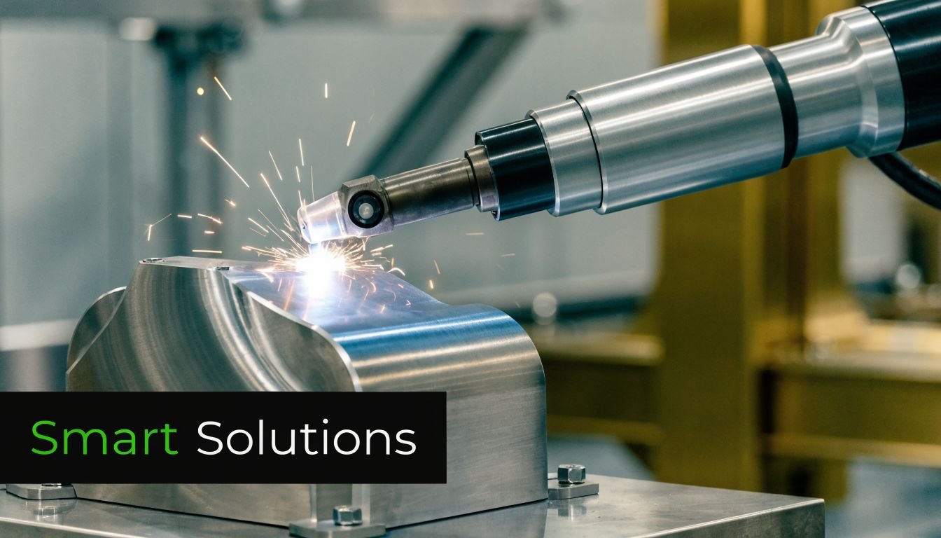 An automated robotic arm performs high precision laser welding on a metal component in an industrial setting.