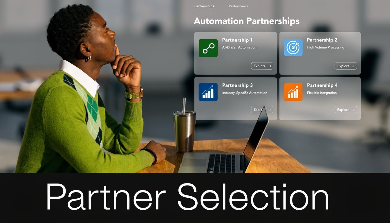 A contemplative professional sitting at a desk with a laptop, viewing an automation partnerships dashboard interface.