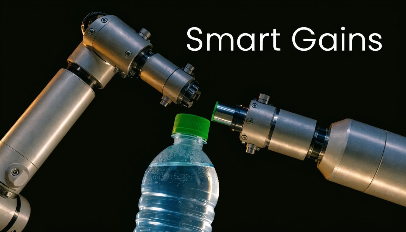 Two robotic mechanical arms positioned above a clear plastic water bottle against a solid black background.