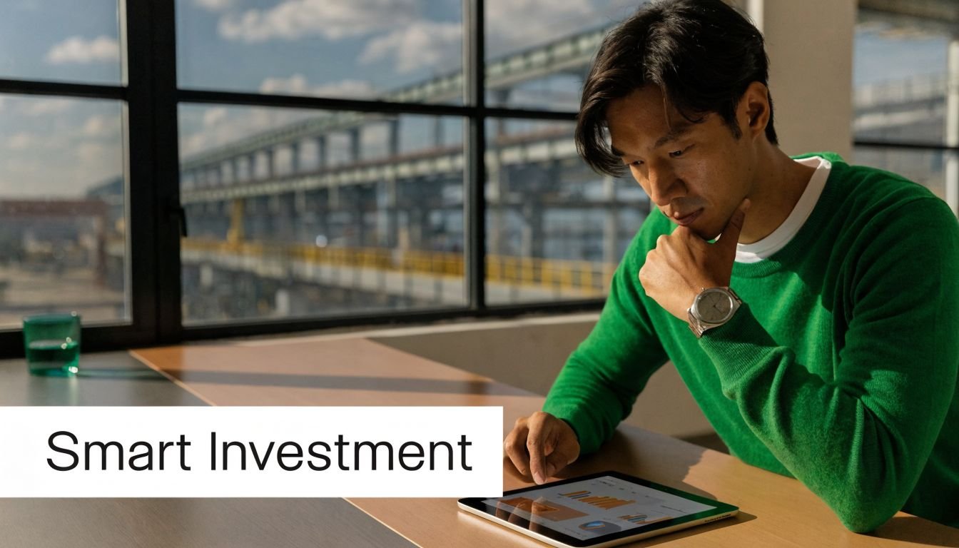 A man in a green sweater uses a tablet to review financial data near a large window.