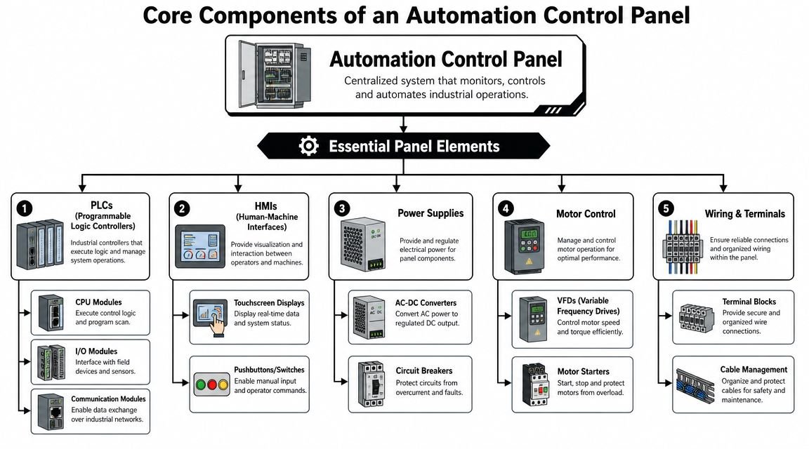 A diagram illustrating the essential components of an industrial automation control panel including PLCs, HMIs, and power supplies.
