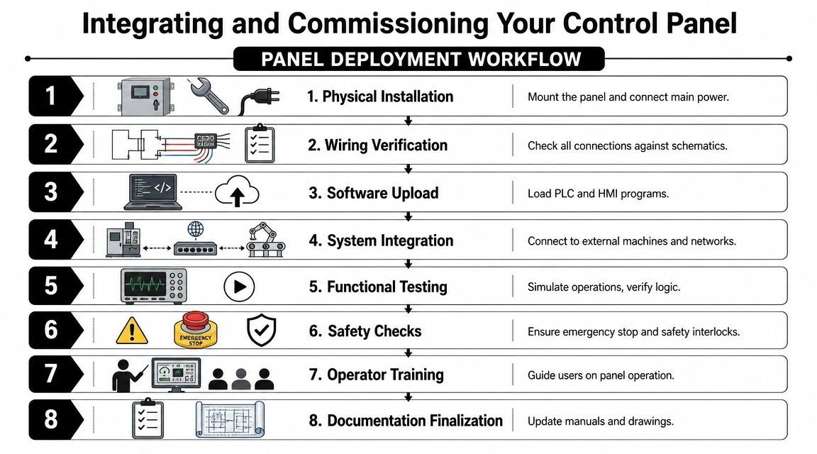 An infographic showing eight steps for integrating and commissioning industrial automation control panels through a workflow process.