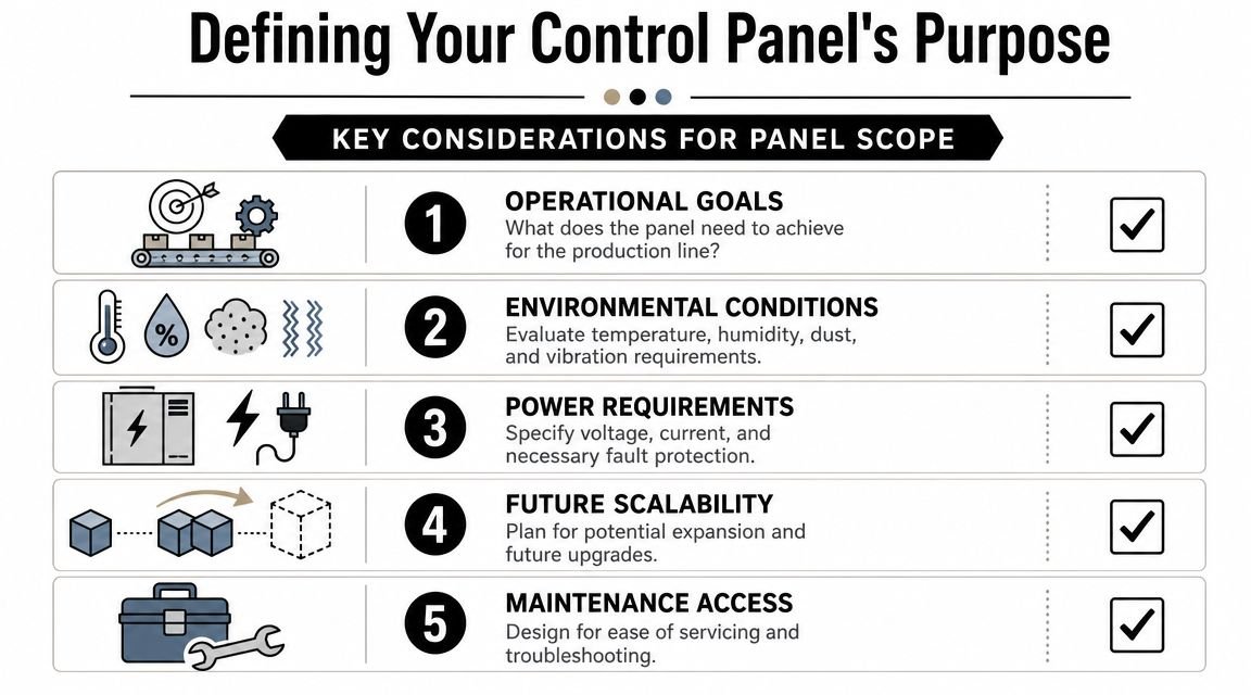 An infographic titled Defining Your Control Panel's Purpose listing five key considerations for industrial panel scope.