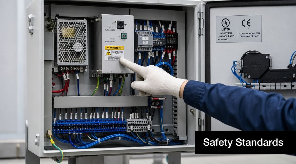 A technician wearing a safety glove inspects an industrial electrical automation control panel with warning labels.