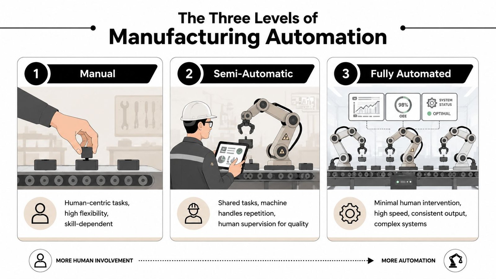 An infographic illustrating the three levels of manufacturing automation, progressing from manual labor to fully automated robotic systems.