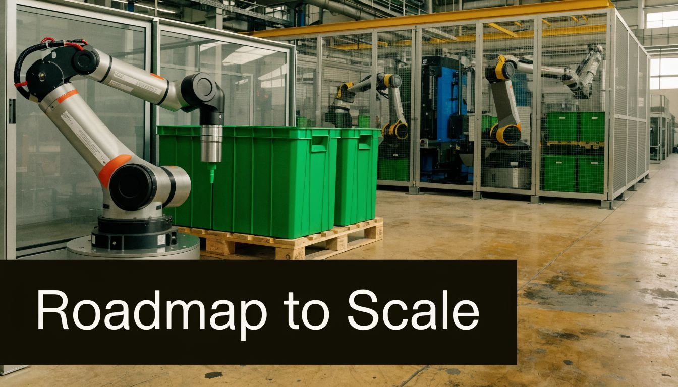 Robotic arms in a modern industrial manufacturing facility with green storage bins on wooden pallets.