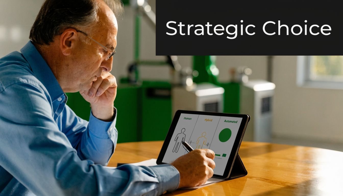A professional man contemplates strategic choices between human, hybrid, and automated manufacturing processes on a tablet.