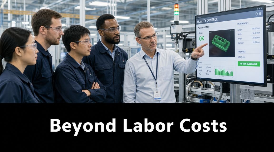 A team of diverse factory workers observing quality control data on a digital screen display.