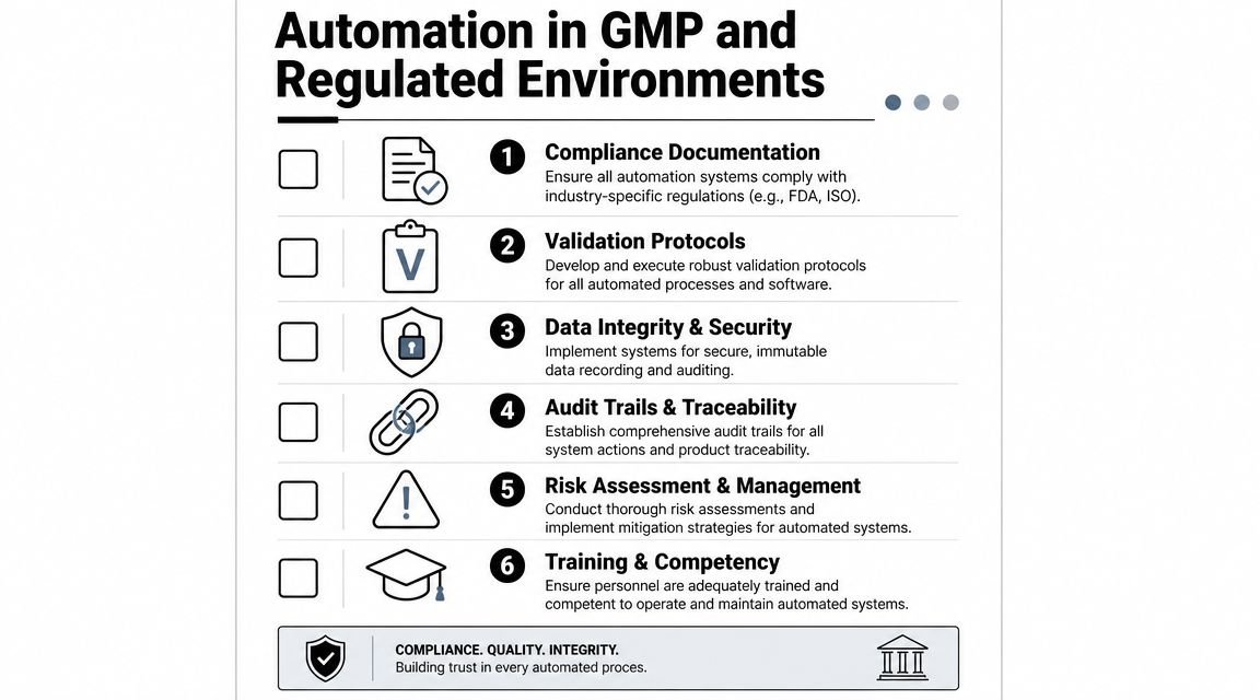 An infographic detailing six essential steps for automation in GMP and regulated industrial environments.