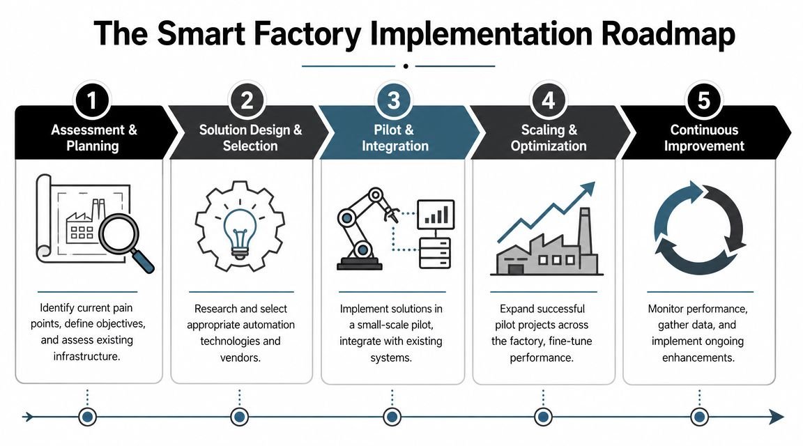 A five-step roadmap infographic for implementing smart factory automation and digital integration in a manufacturing environment.