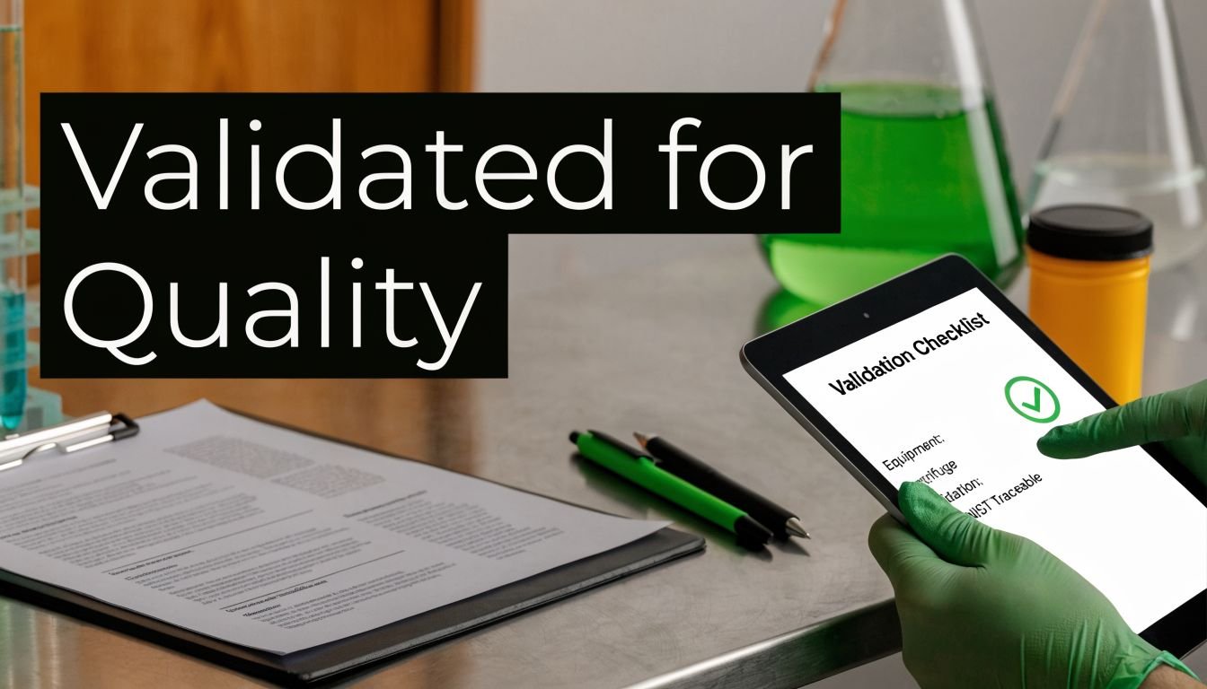 A scientist in green gloves uses a tablet to verify equipment on a laboratory quality validation checklist.
