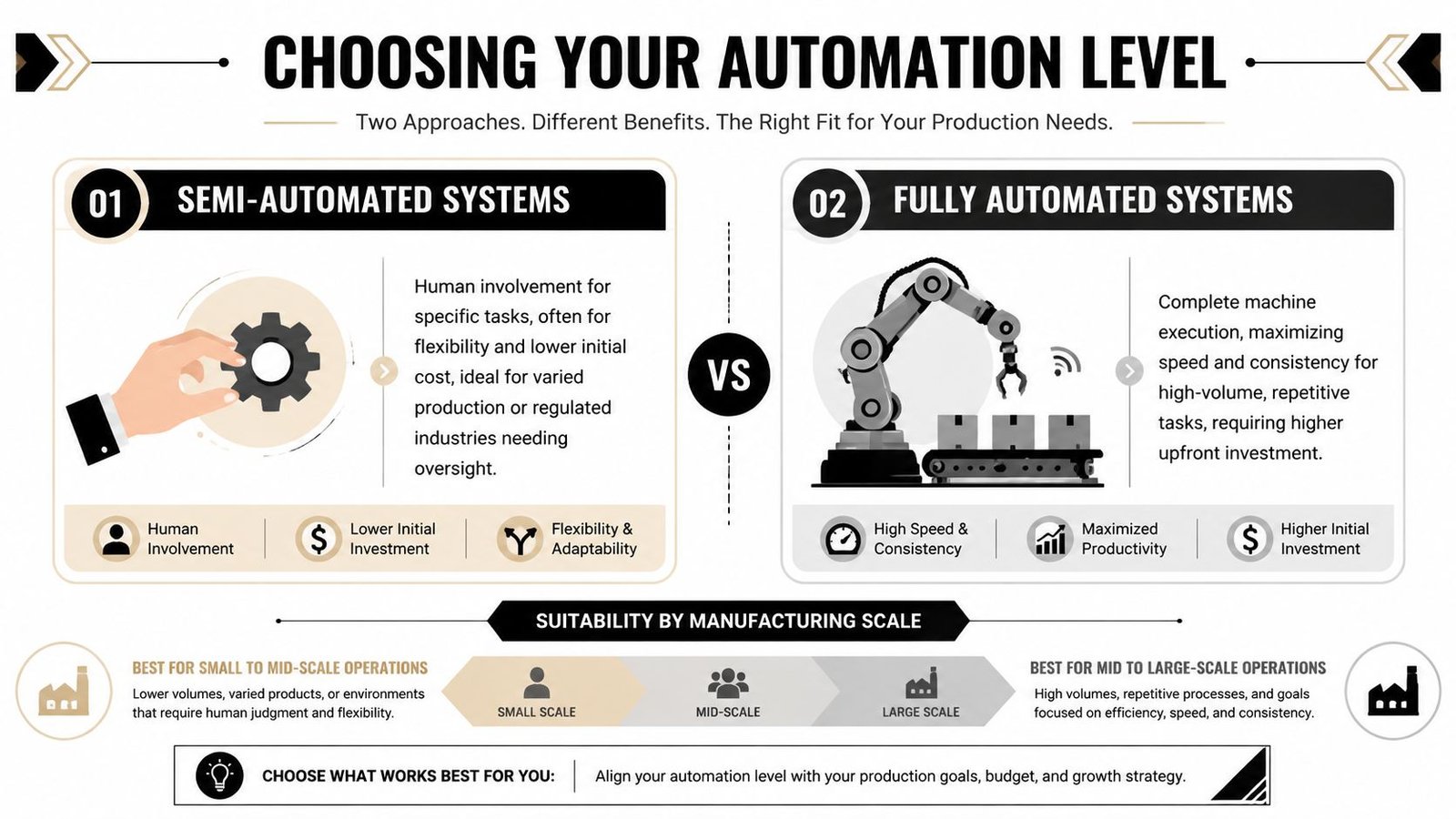 A comparison chart showing the differences between semi-automated systems and fully automated systems for manufacturing.