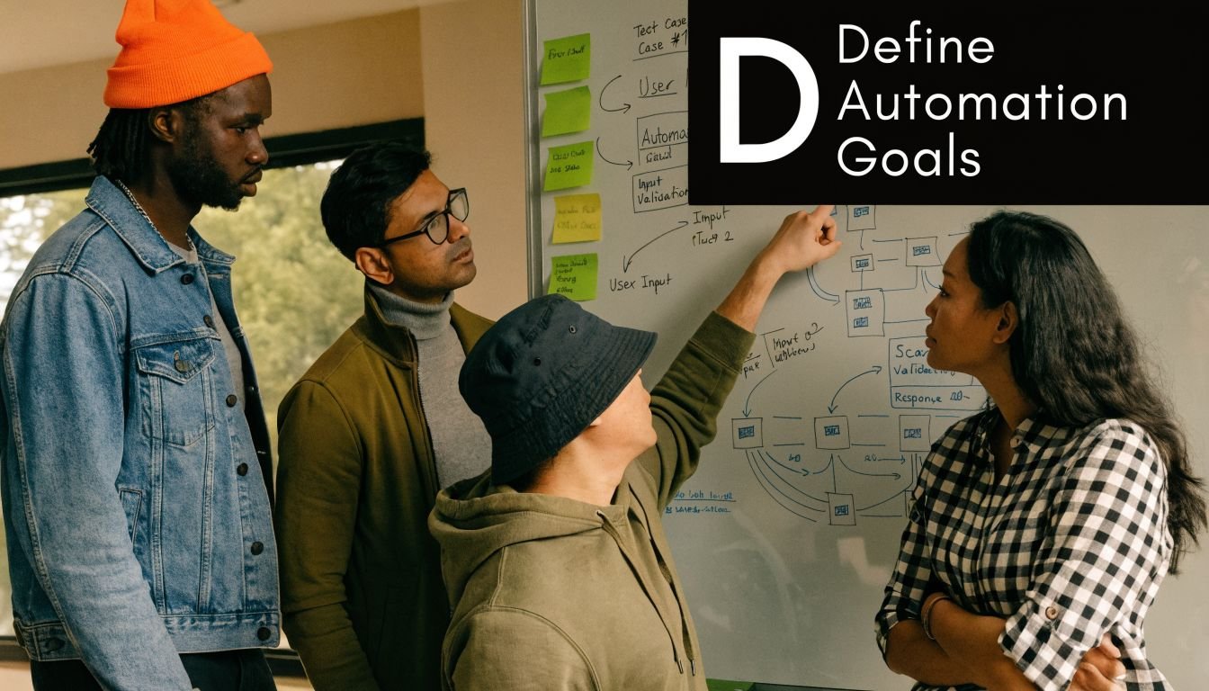 A diverse team collaborating on automation system designs by brainstorming ideas on a large white board.