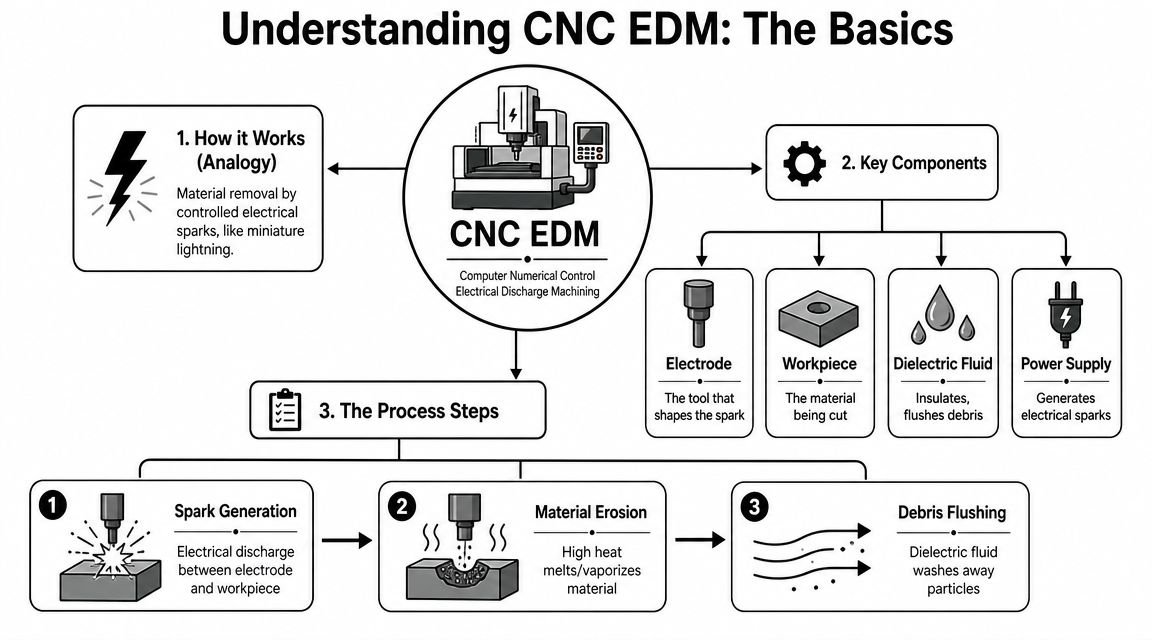 An infographic explaining the basics of CNC EDM machines including the process, components, and working principle.