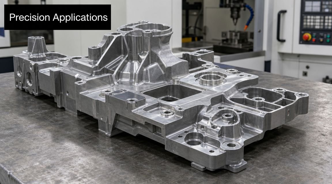 A complex, precision-machined aluminum metal component resting on a workbench in a professional CNC machine shop.