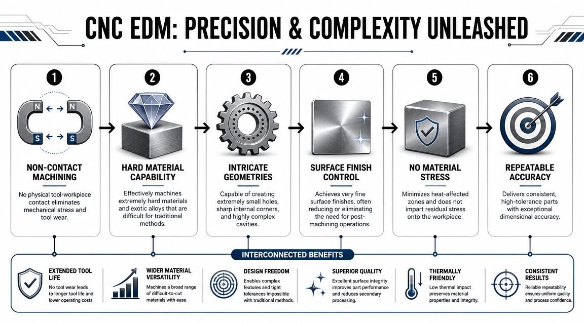 An infographic detailing the six key benefits and precision capabilities of CNC EDM industrial machining processes.