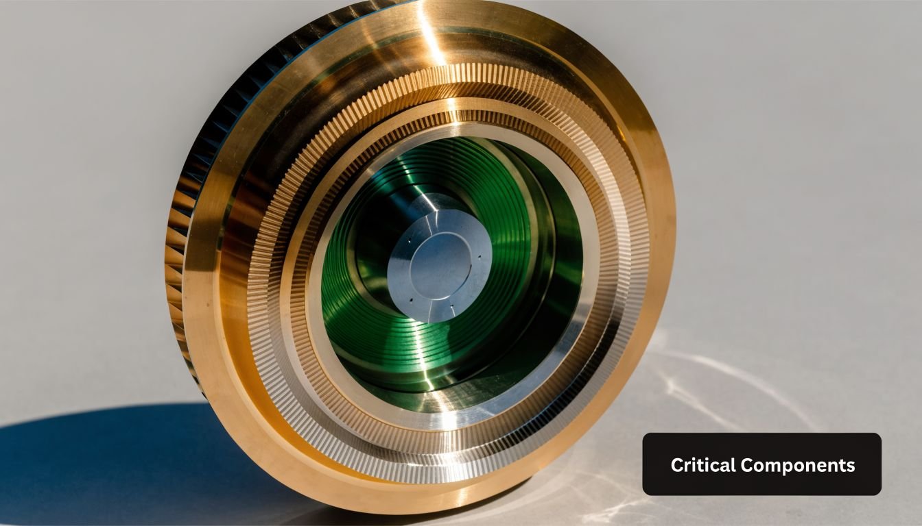 A precision-machined circular brass and metal component with intricate grooves and a central silver hub.