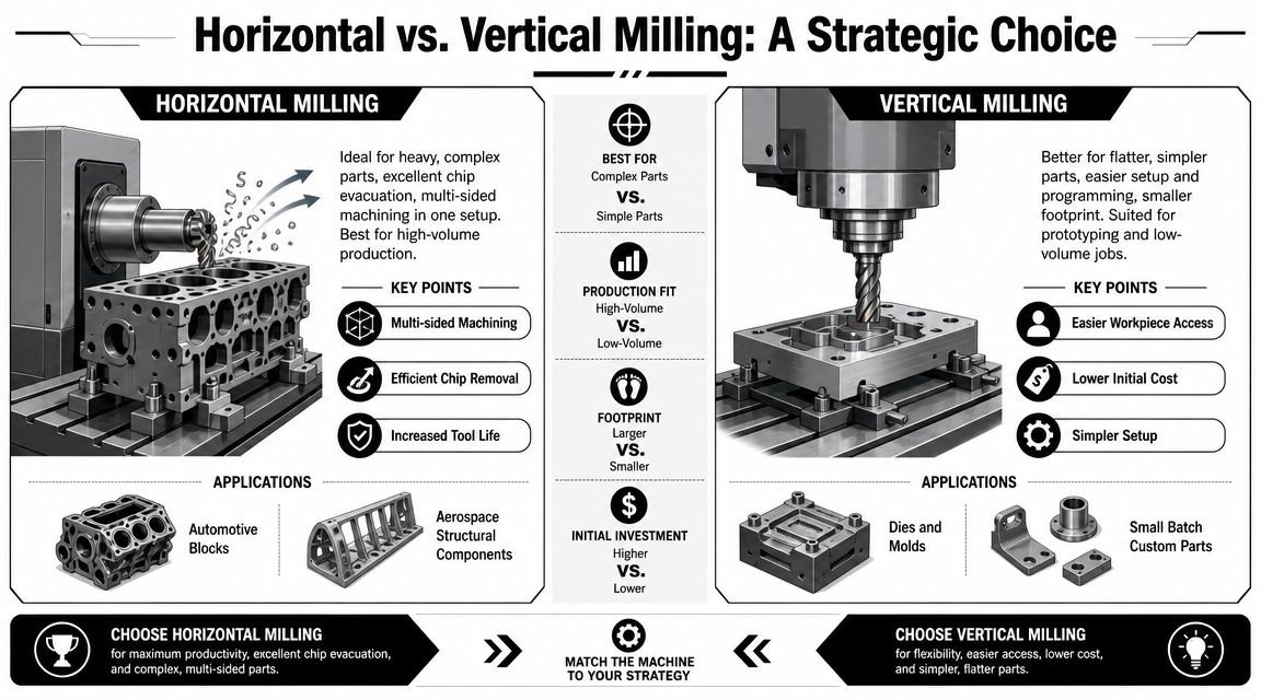 A comparative infographic illustrating the key differences between horizontal and vertical CNC milling machines for manufacturing.