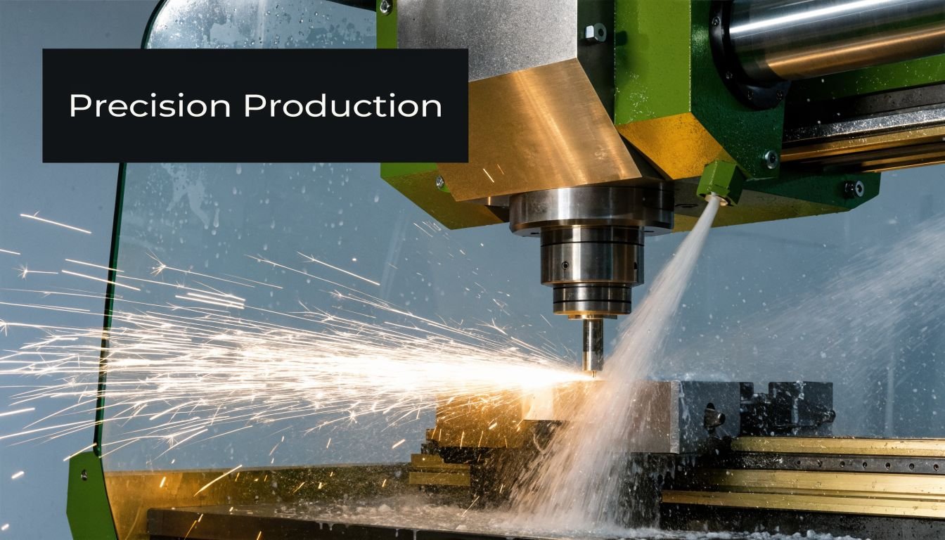 A close-up view of a CNC milling machine creating bright sparks while machining a metal workpiece.