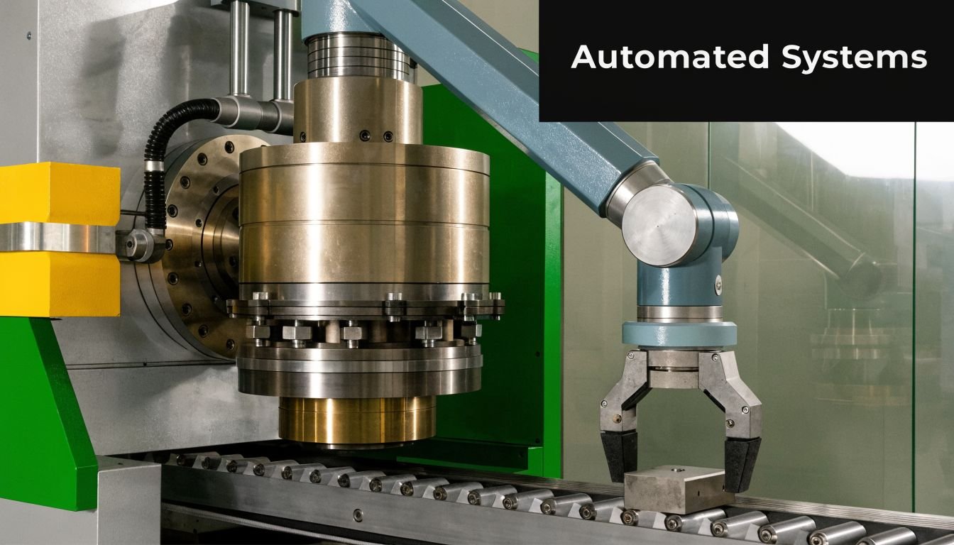 A robotic arm with a gripper picking up a metal block from a conveyor belt on a machine.