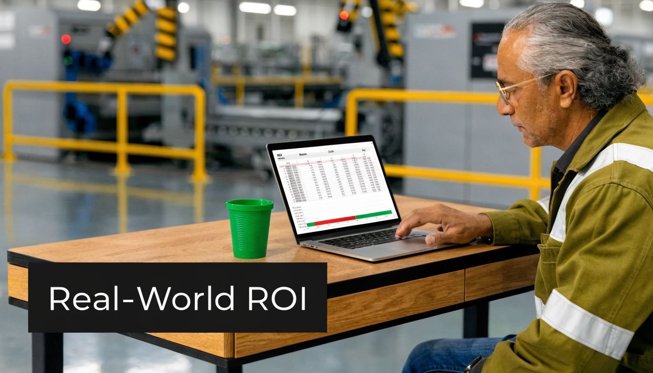 A factory worker in uniform analyzing data on a laptop screen while working in a manufacturing facility.
