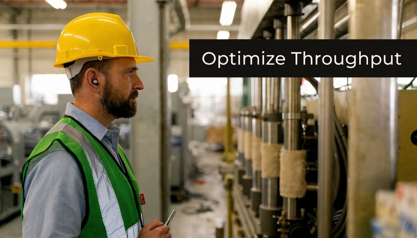 A bearded industrial worker wearing a safety helmet and vest monitors custom automation machinery on a factory floor.