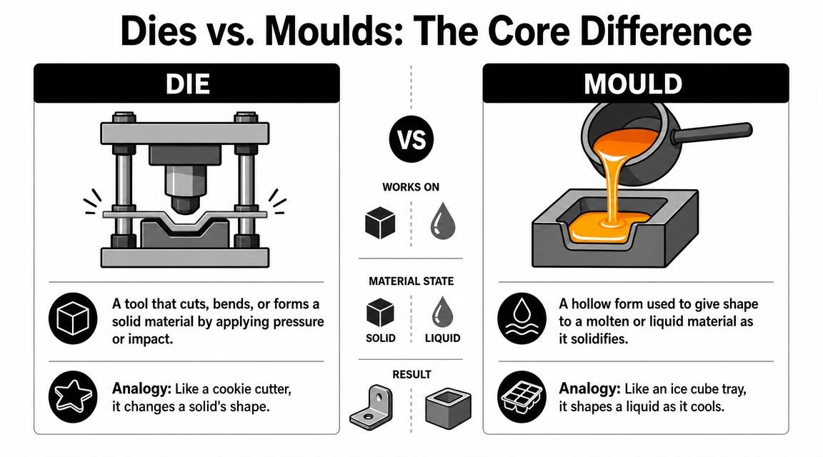 A comparison infographic explaining the functional differences between industrial dies and moulds using illustrations and analogies.