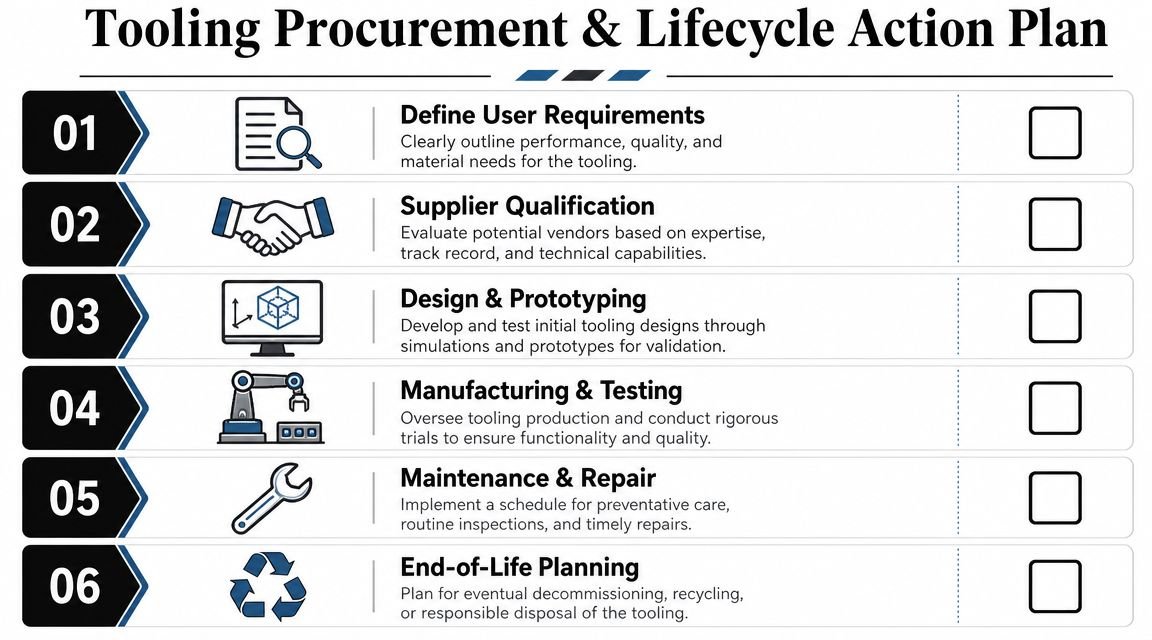 A six-step flow chart illustrating the process of tooling procurement, manufacturing, maintenance, and end-of-life management.