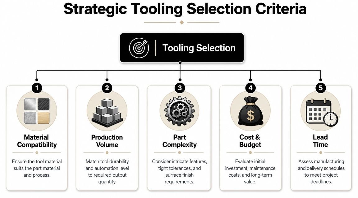 A strategic tooling selection infographic displaying five key criteria including material compatibility, production volume, complexity, cost, and lead time.