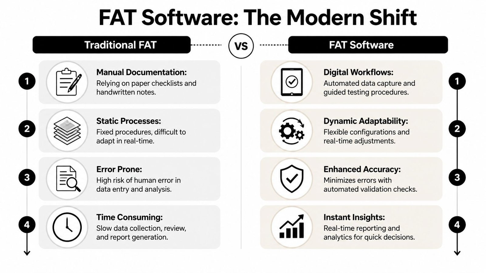 A comparison chart showing the differences between traditional manual factory acceptance testing and modern digital FAT software.