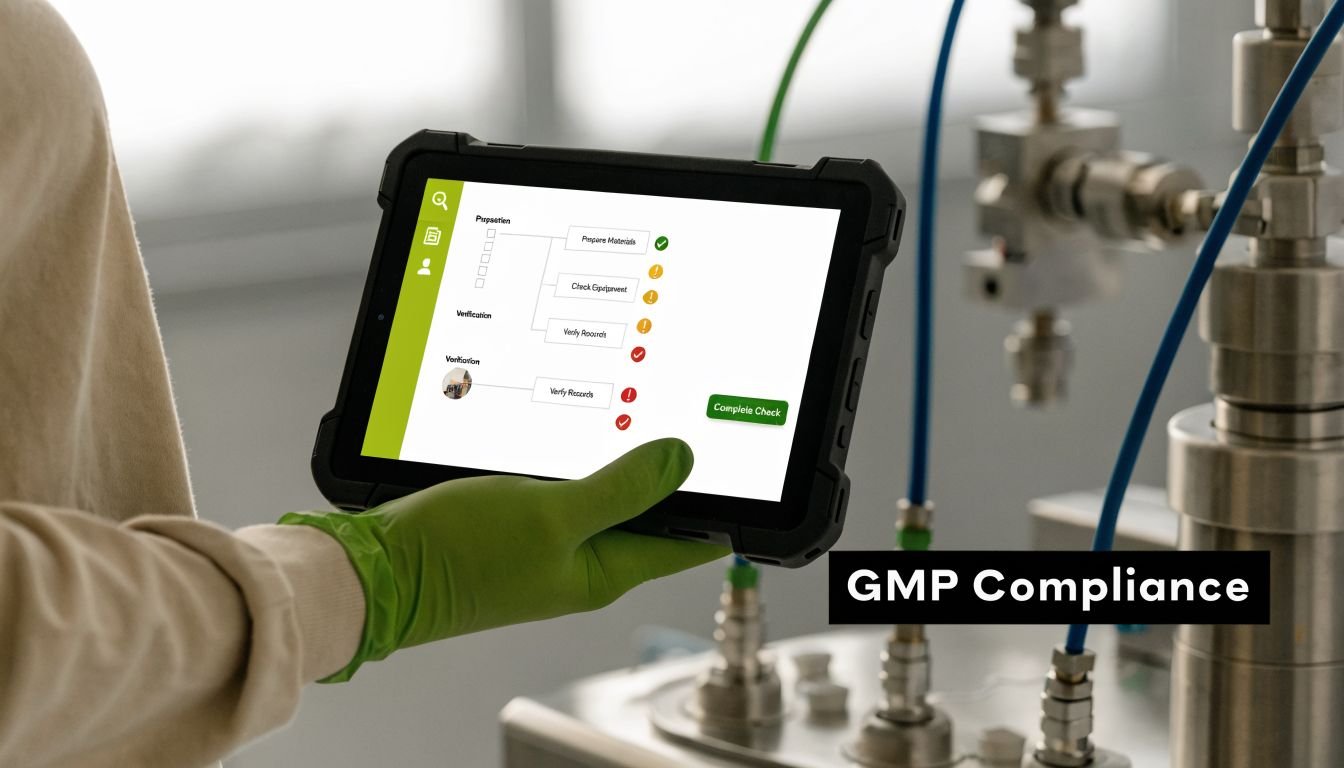 A technician wearing green gloves uses a rugged tablet to check factory compliance software in a facility.