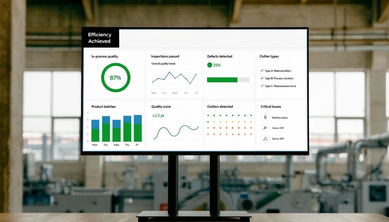 A digital dashboard on a screen displaying factory performance metrics, quality scores, and production status charts.