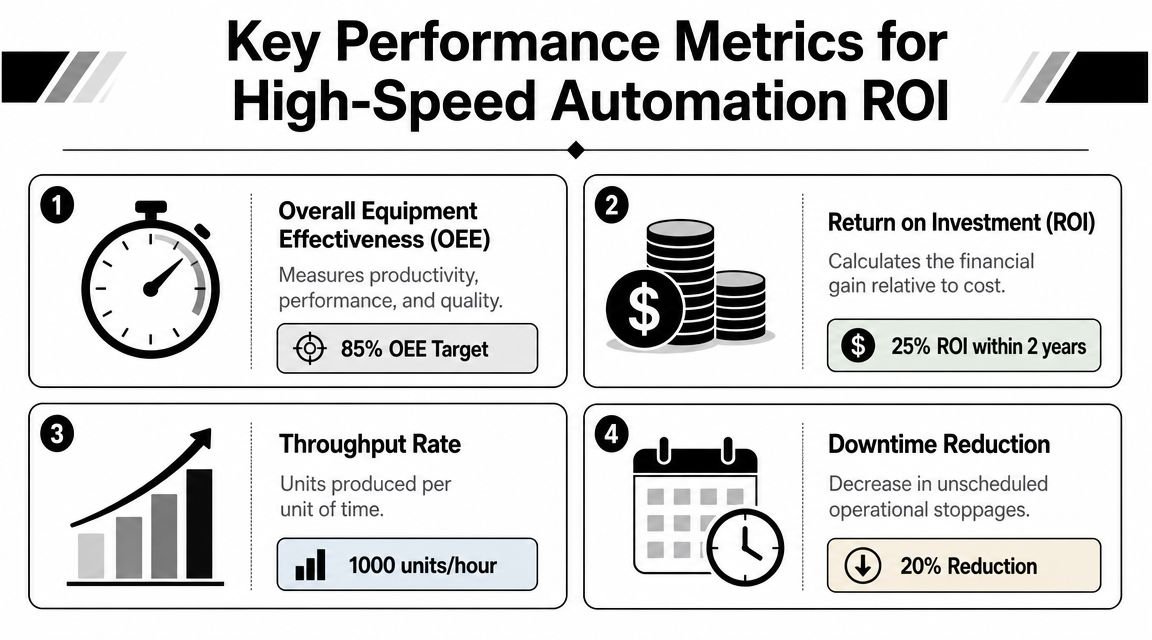 An infographic showing four key performance metrics for measuring the return on investment of high-speed automation.