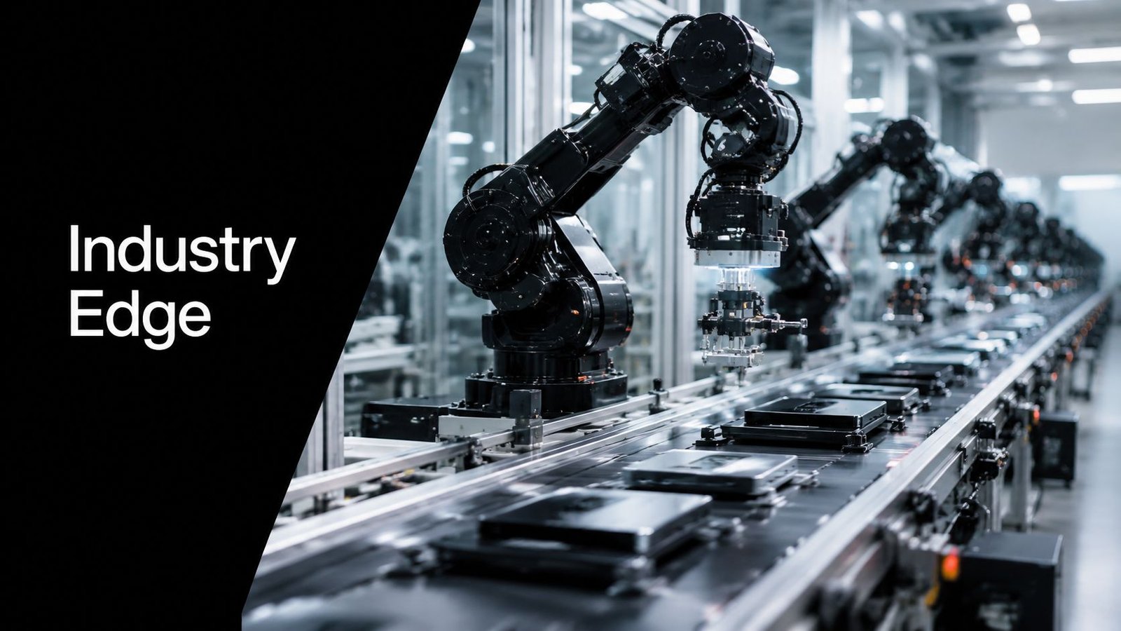 A row of black industrial robotic arms operating along an automated factory assembly line for manufacturing.