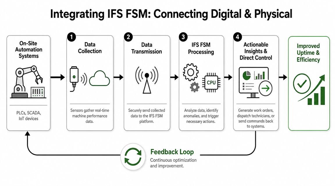 A process flow diagram explaining how IFS FSM integrates digital data with physical automation systems for efficiency.