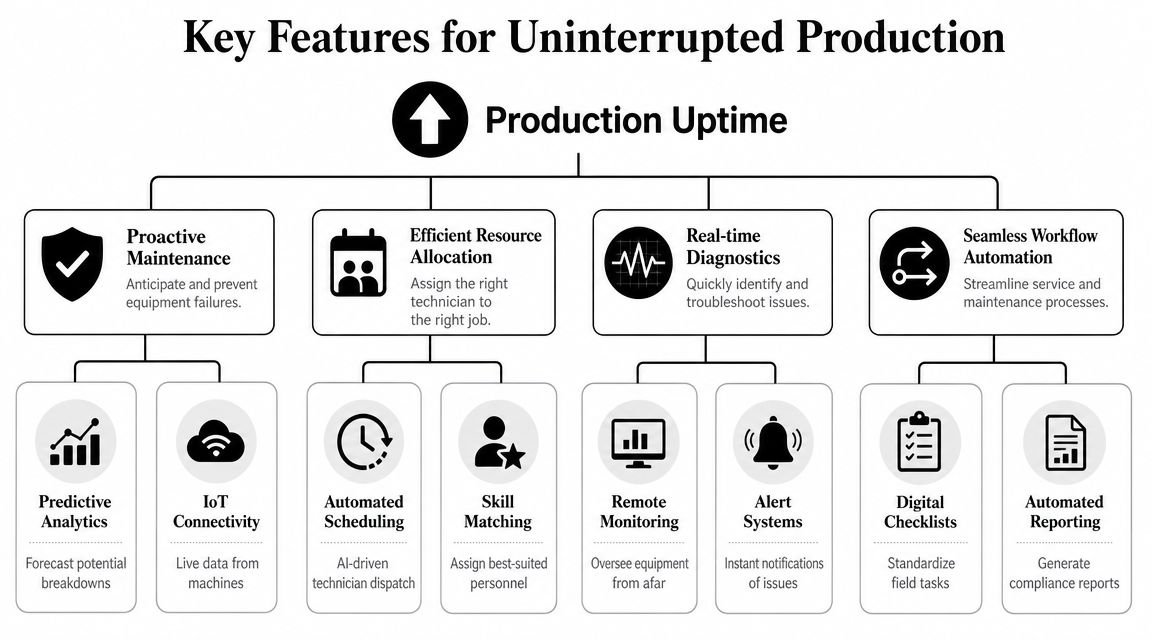 A diagram outlining key features for uninterrupted production, focusing on maintenance, resource allocation, diagnostics, and workflow automation.