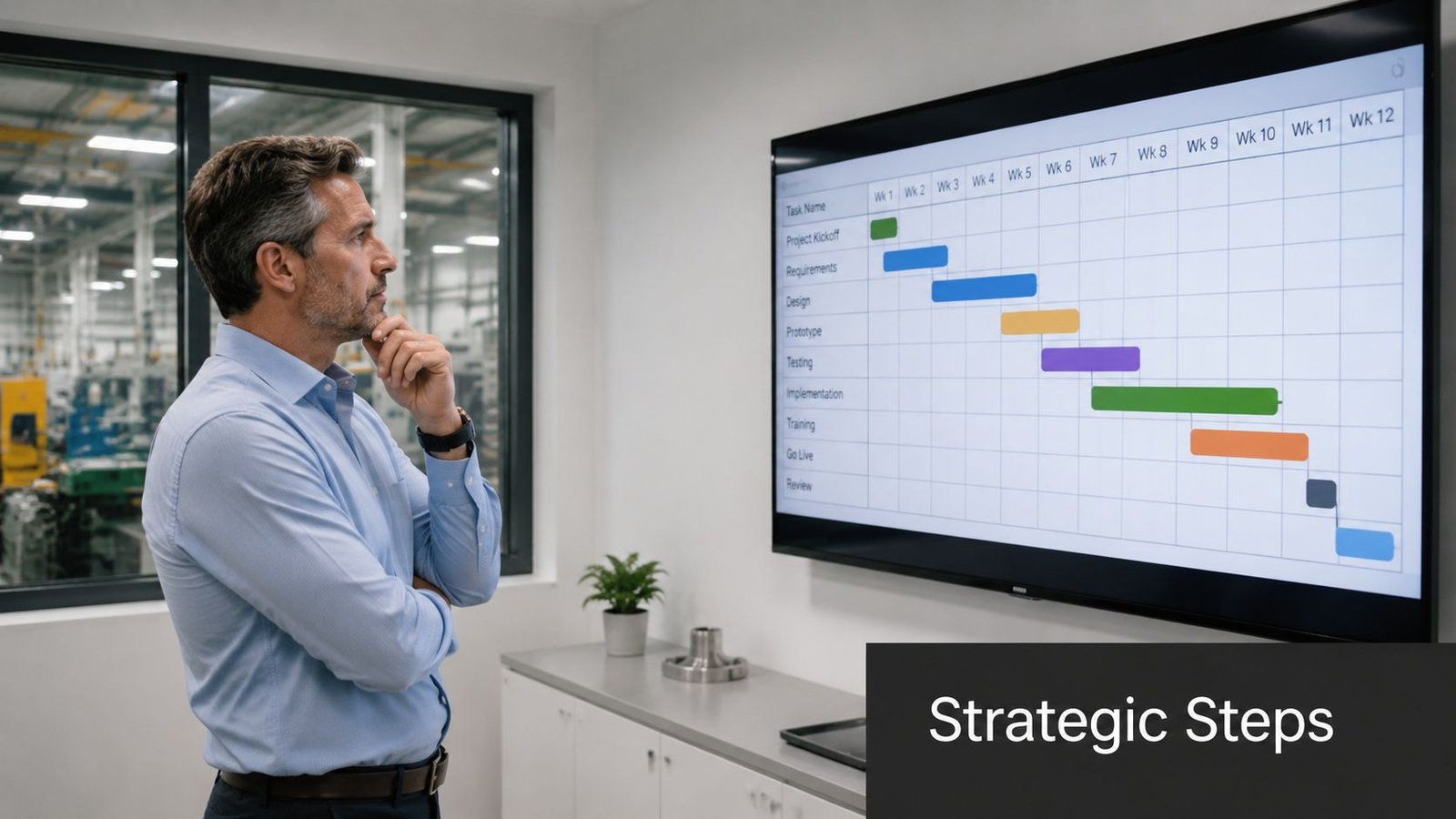 A professional man looking at a project management timeline on a digital display in a factory office.