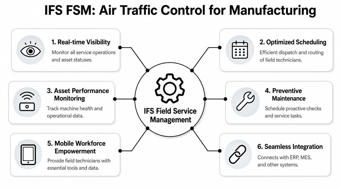 A diagram illustrating the six key benefits of IFS Field Service Management software for the manufacturing industry.