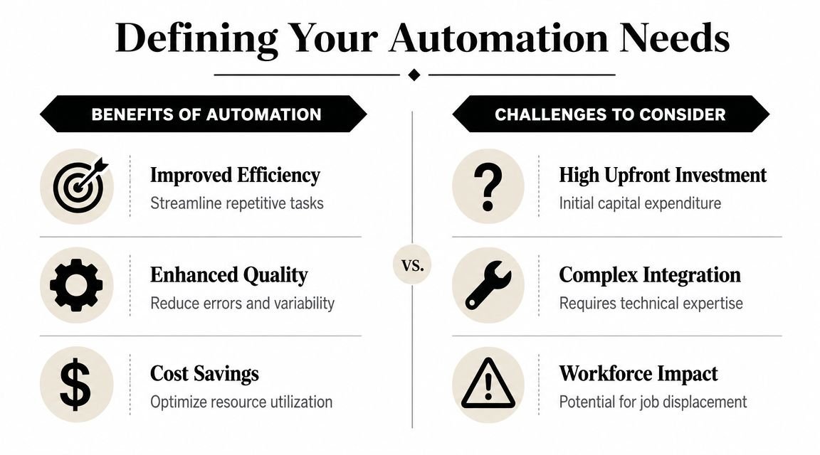 An infographic comparing the key benefits and challenges of implementing industrial automation in a business environment.